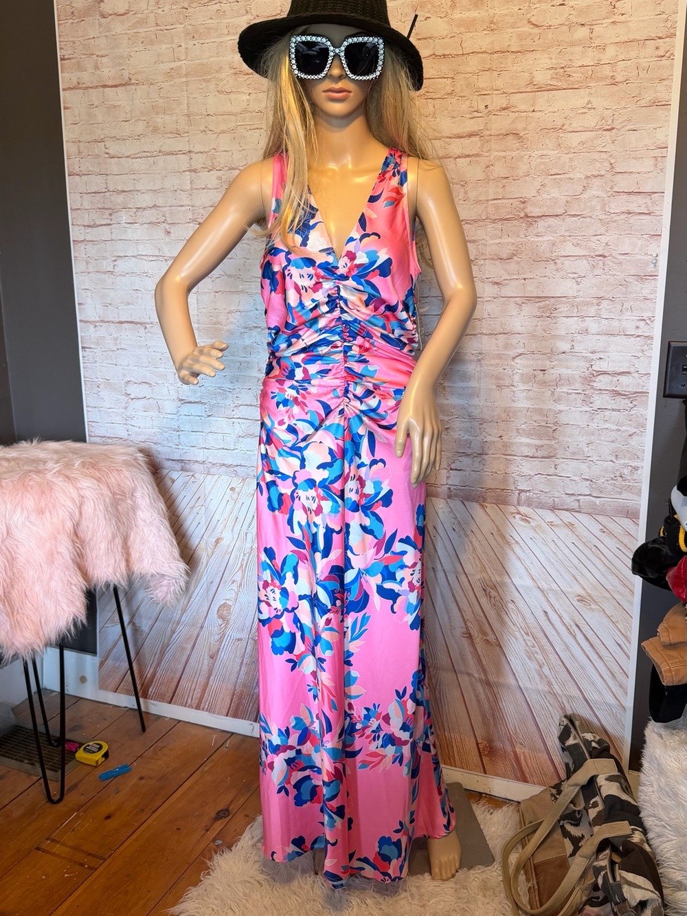 Boston Proper Pink Floral Maxi Dress with Blue Accent Print NWT